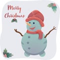 Lettering Merry Christmas with snowman in hat and scarf vector flat illustration. Holly, christmas card, poster. Royalty Free Stock Photo